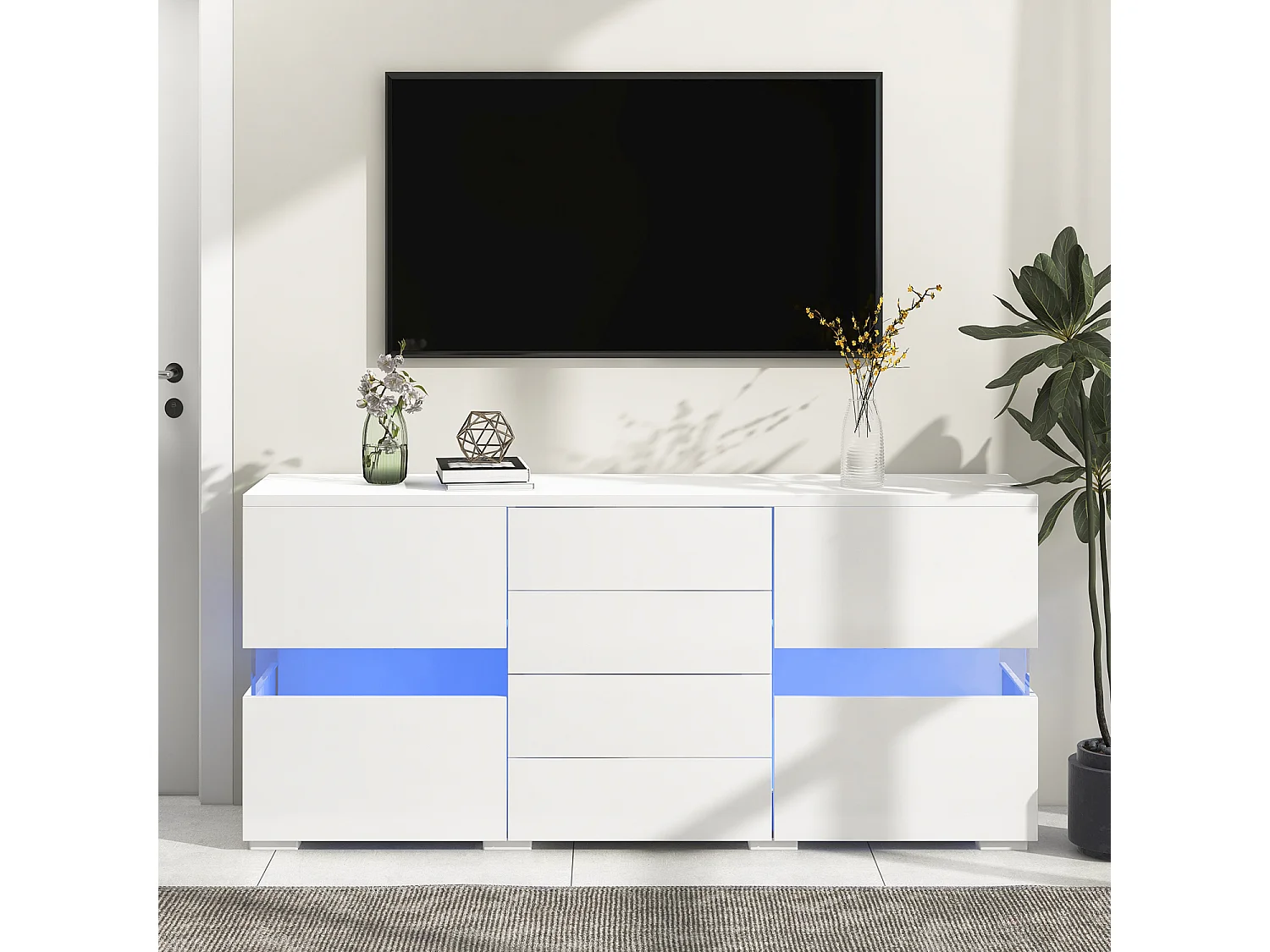 Credenza bassa con LED - 2 ante e 4 cassetti - bianco