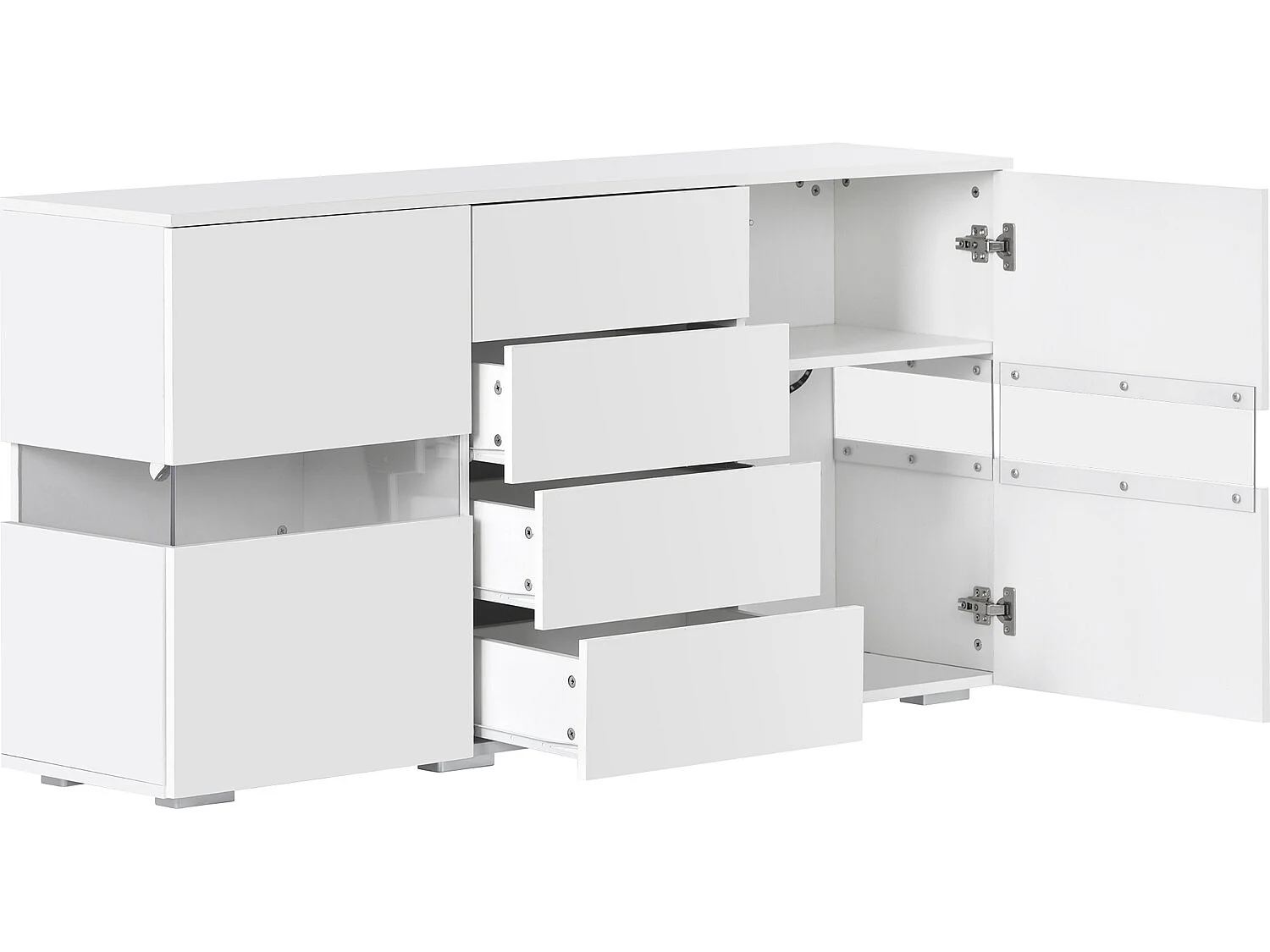 Credenza bassa con LED - 2 ante e 4 cassetti - bianco