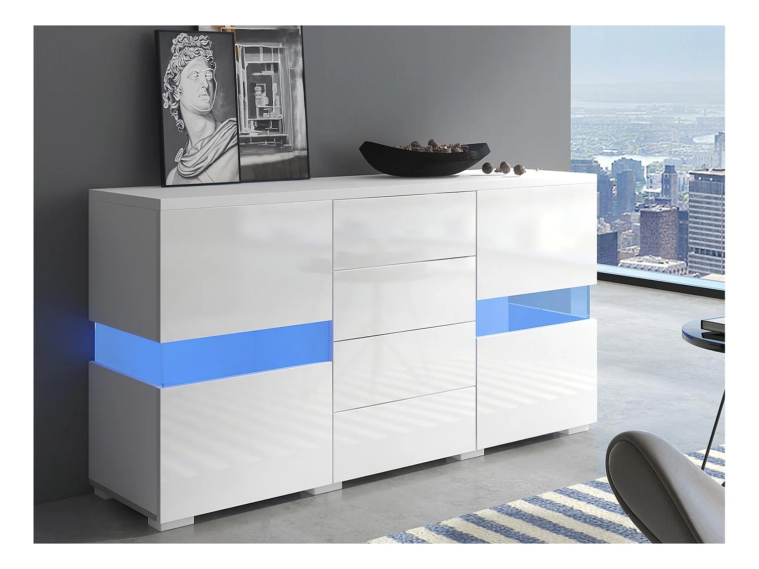 Buffet bas avec LED - 2 portes et 4 tiroirs - blanc