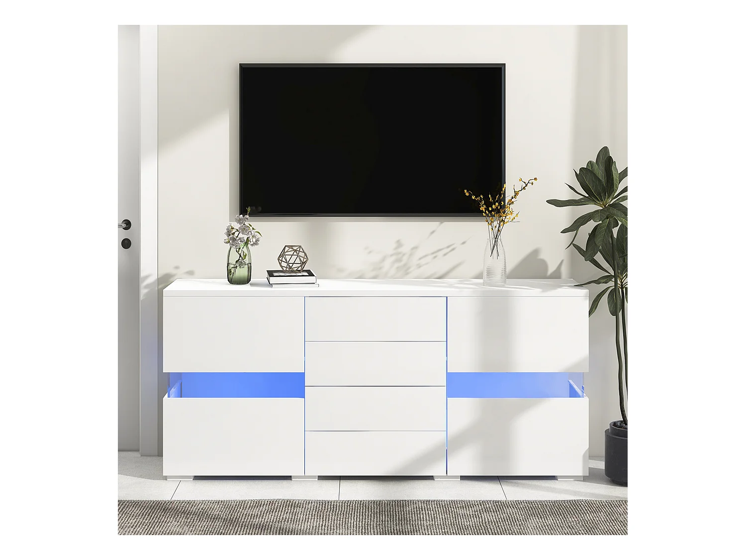 Buffet bas avec LED - 2 portes et 4 tiroirs - blanc