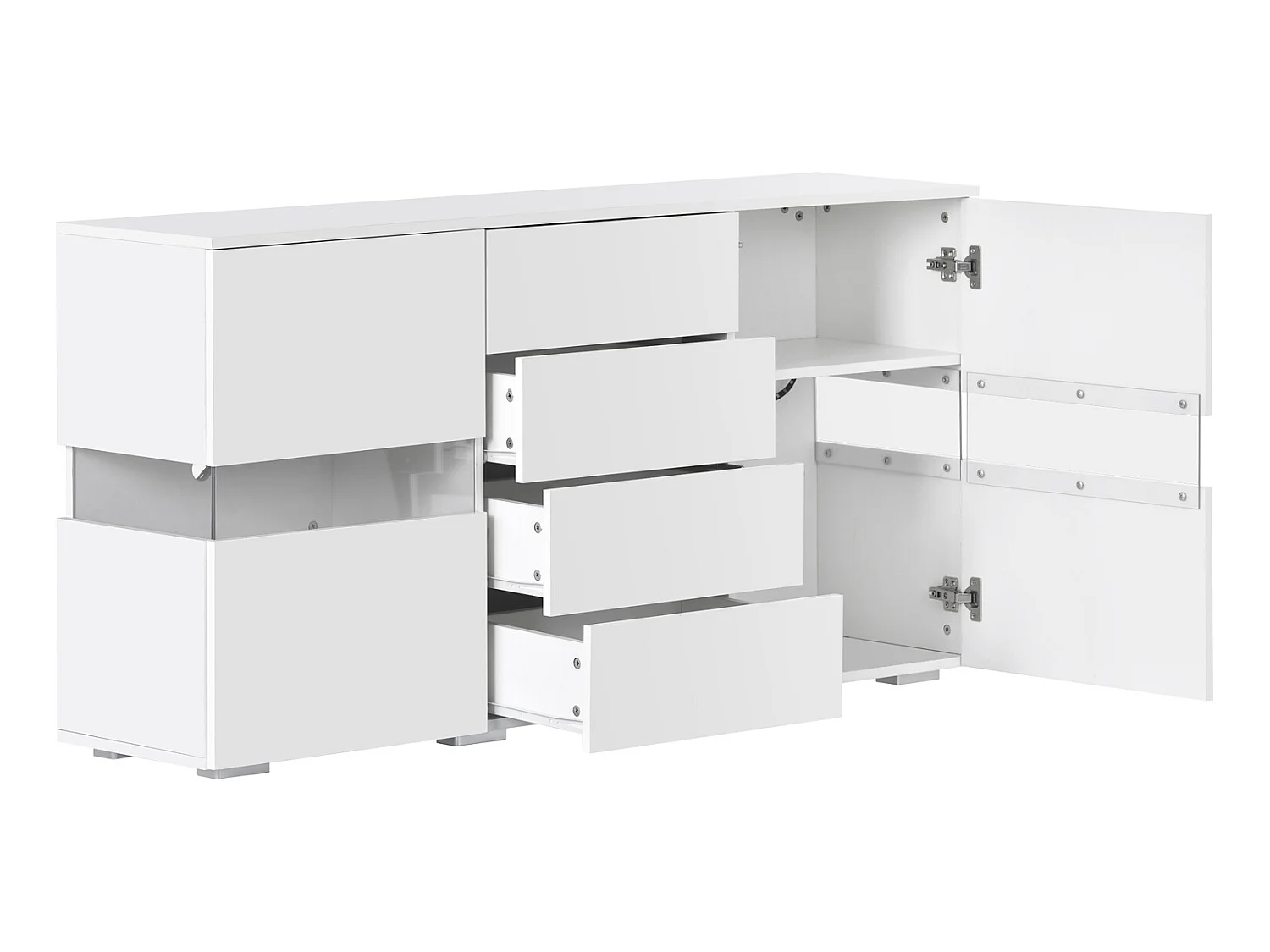 Buffet bas avec LED - 2 portes et 4 tiroirs - blanc