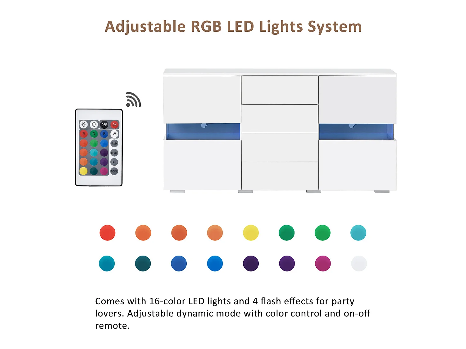 Buffet bas avec LED - 2 portes et 4 tiroirs - blanc