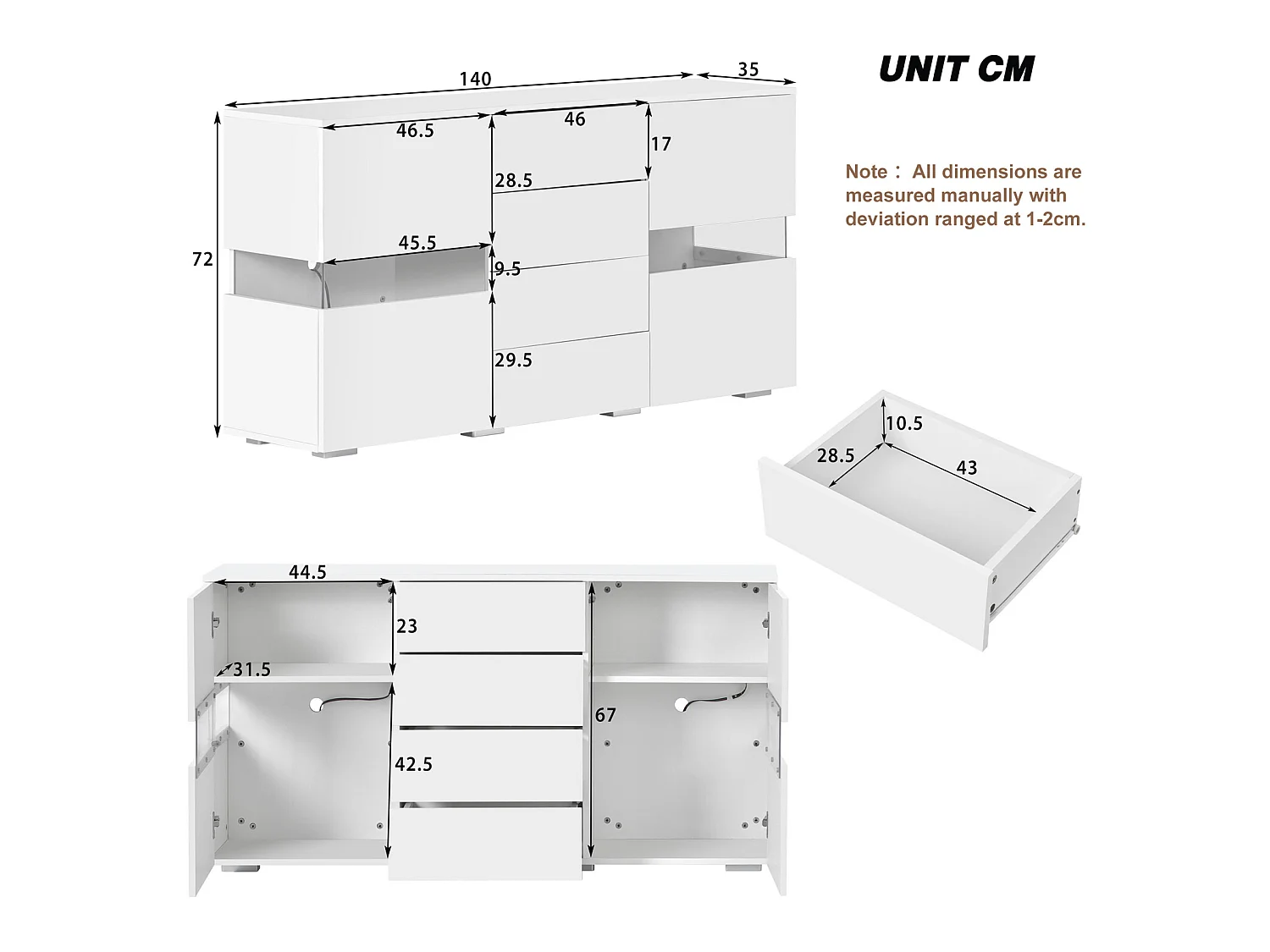 Buffet bas avec LED - 2 portes et 4 tiroirs - blanc