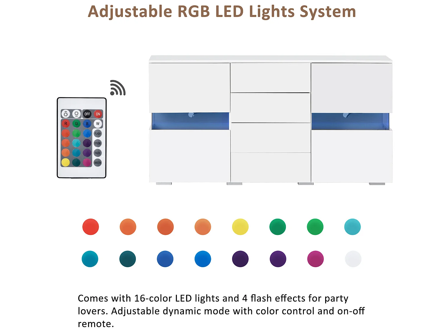 Buffet bas avec LED - 2 portes et 4 tiroirs - blanc