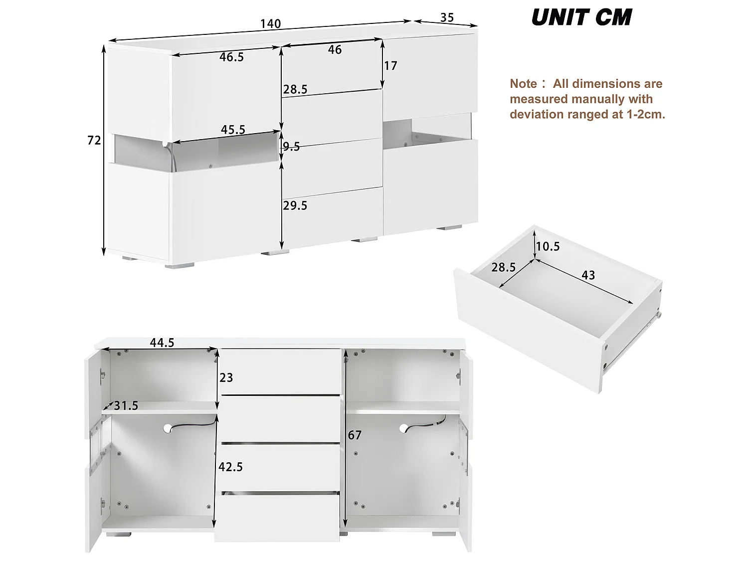 Buffet bas avec LED - 2 portes et 4 tiroirs - blanc