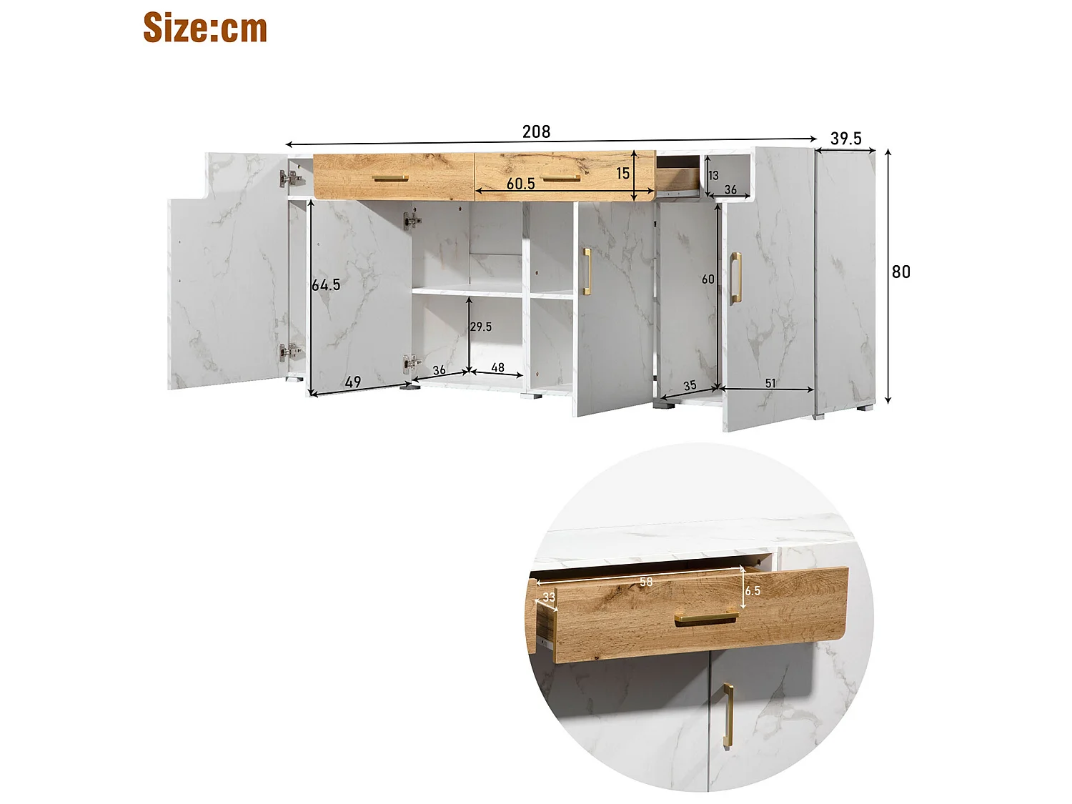 Buffet L 200cm - 4 portes avec 2 tiroirs - Blanc