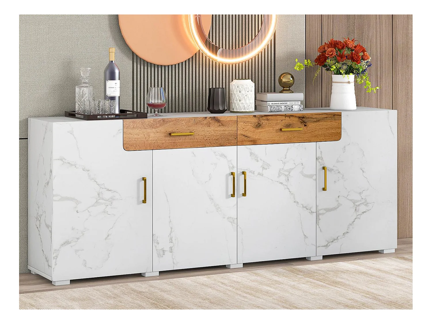 Buffet L 200cm - 4 portes avec 2 tiroirs - Blanc