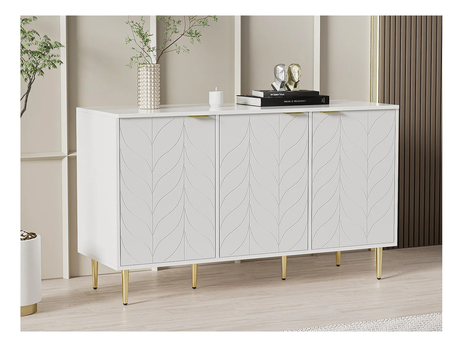 Buffet avec 6 compartiments - pieds et poignées plaqués dorés - style contemporain - blanc