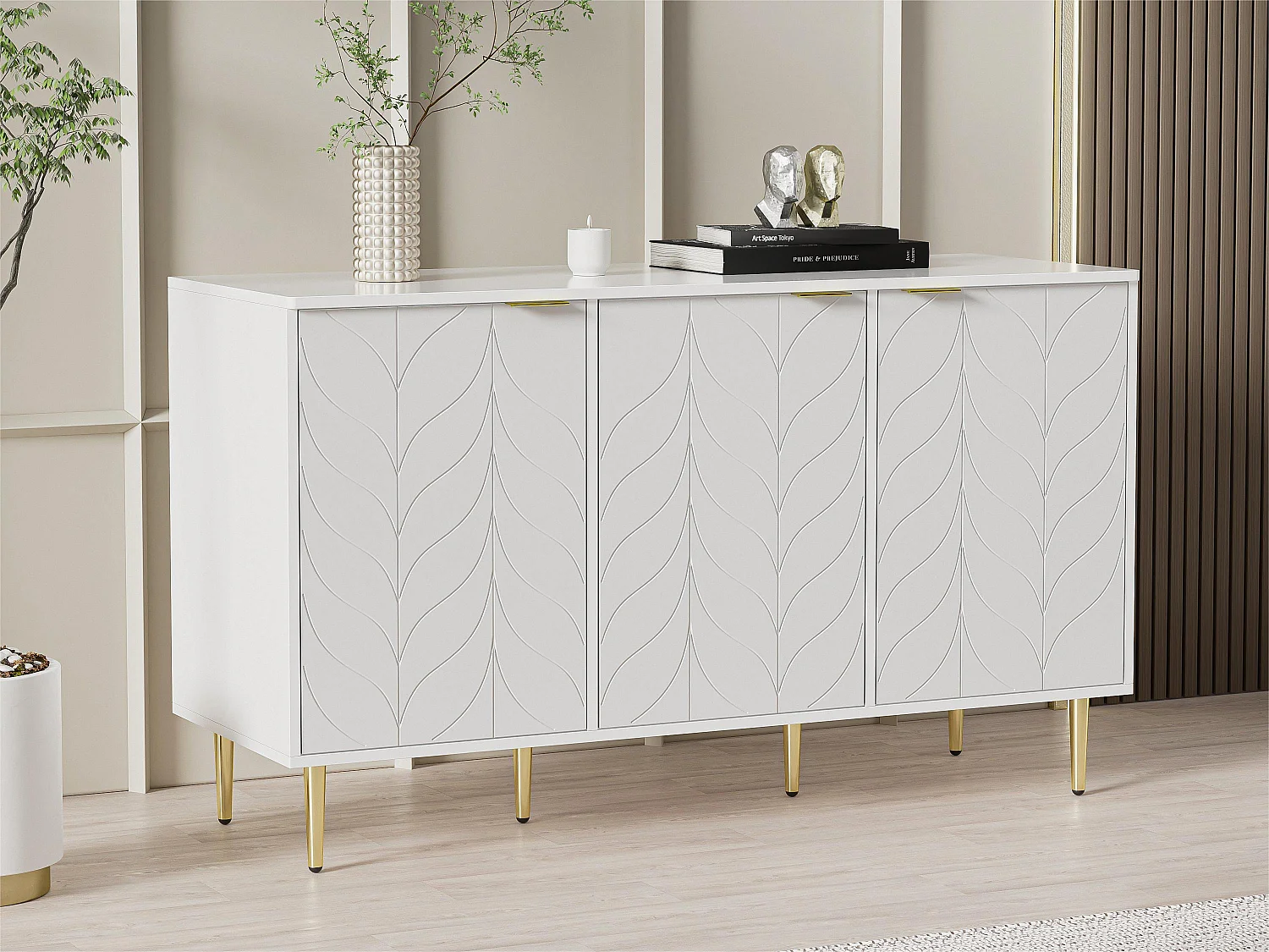 Buffet avec 6 compartiments - pieds et poignées plaqués dorés - style contemporain - blanc