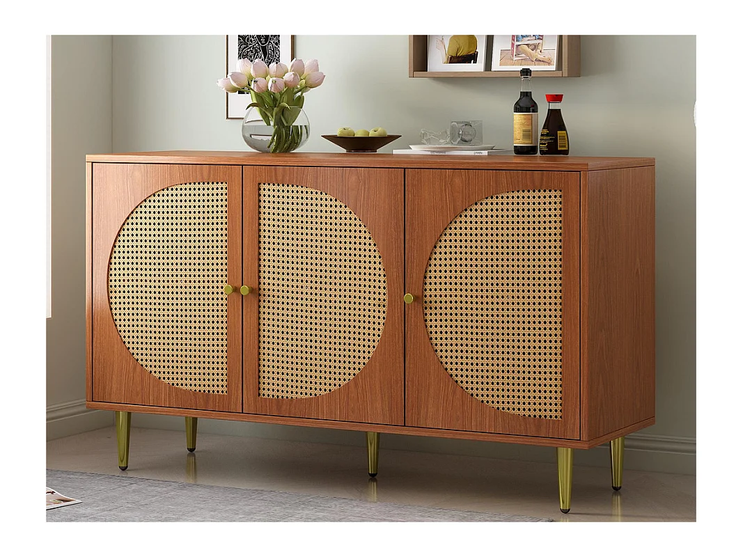 Buffet en rotin avec poignées en métal - 3 portes - Naturel foncé