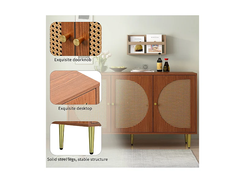 Buffet en rotin avec poignées en métal - 3 portes - Naturel foncé