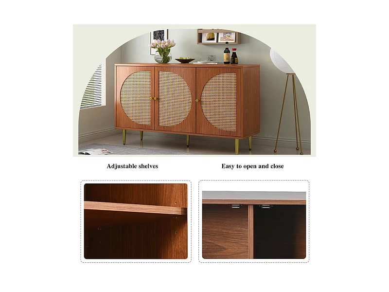 Buffet en rotin avec poignées en métal - 3 portes - Naturel foncé