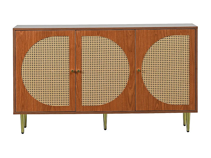 Credenza in rattan con maniglie in metallo - 3 ante - Naturale scuro