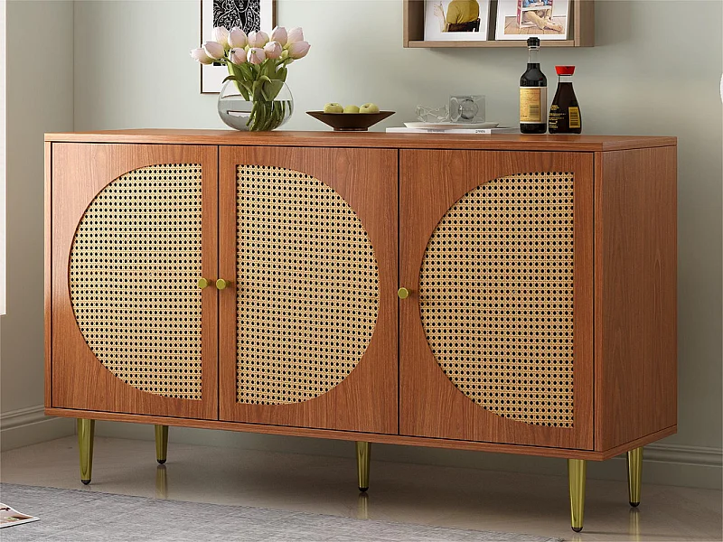 Buffet en rotin avec poignées en métal - 3 portes - Naturel foncé