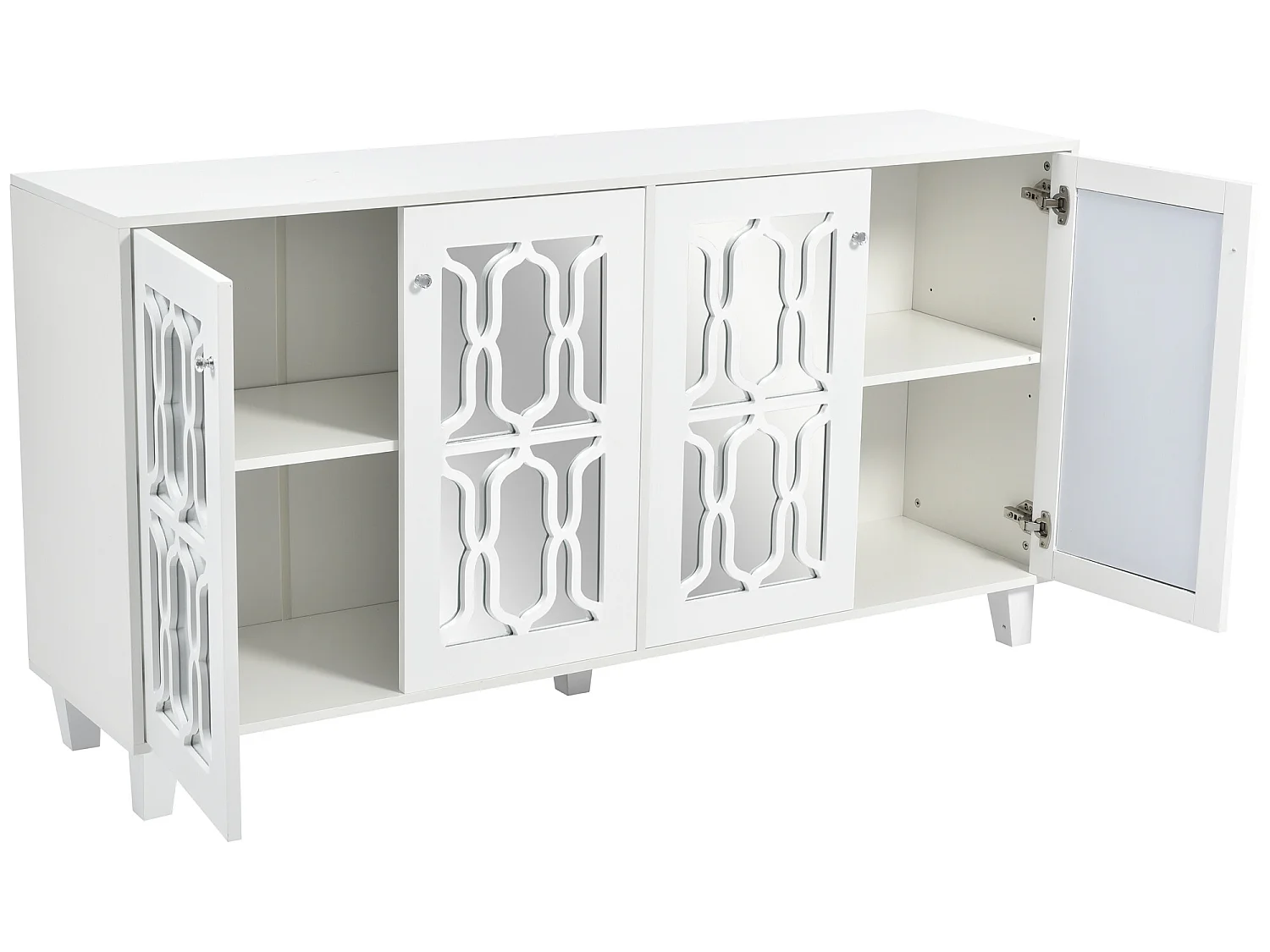 Buffet - 4 portes et étagères réglable - poignée en cristal - Blanc