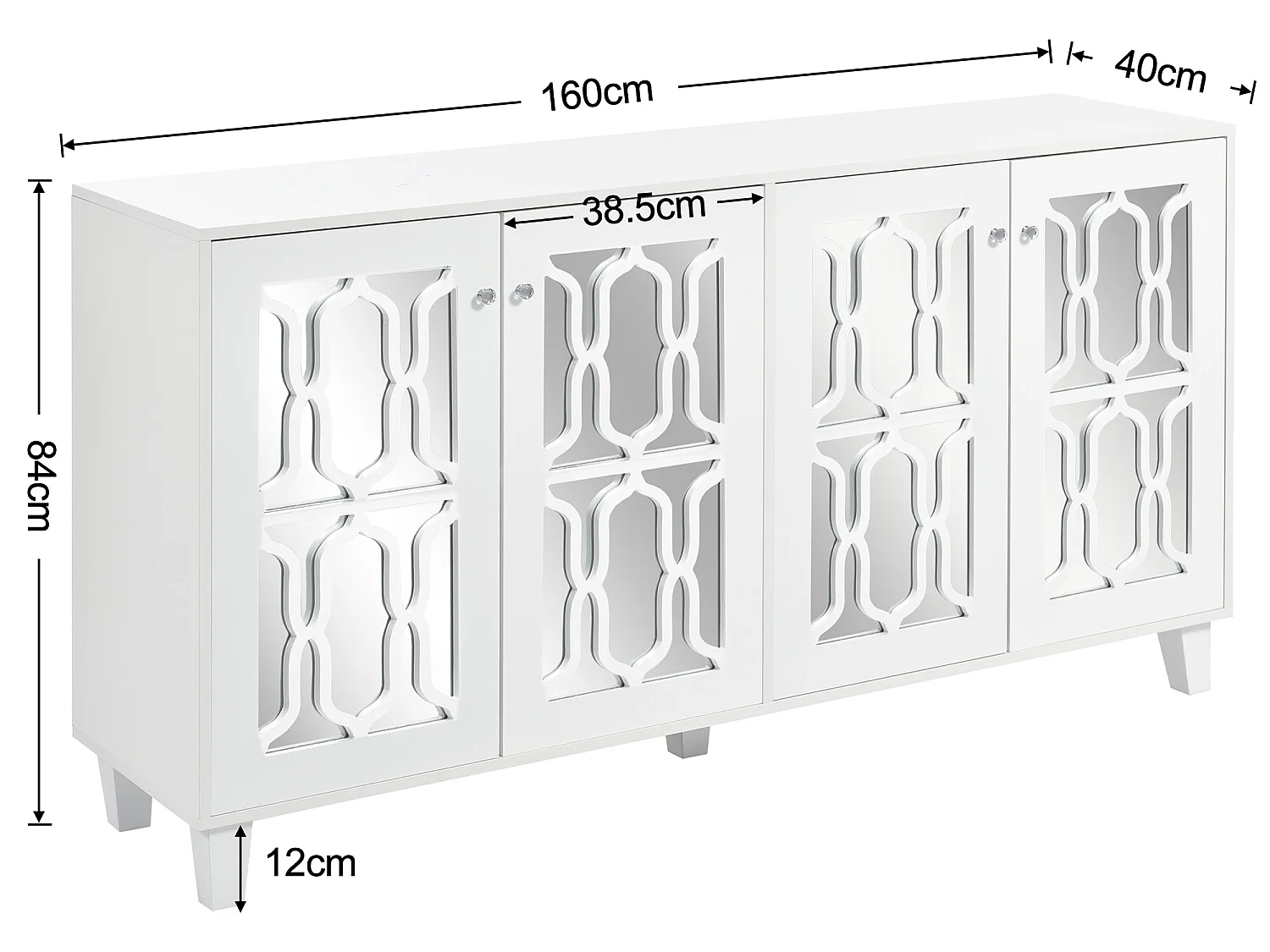 Buffet - 4 portes et étagères réglable - poignée en cristal - Blanc