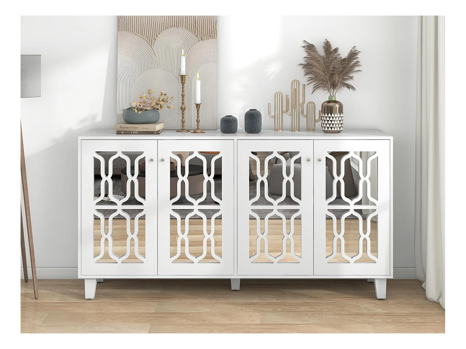 Buffet - 4 portes et étagères réglable - poignée en cristal - Blanc