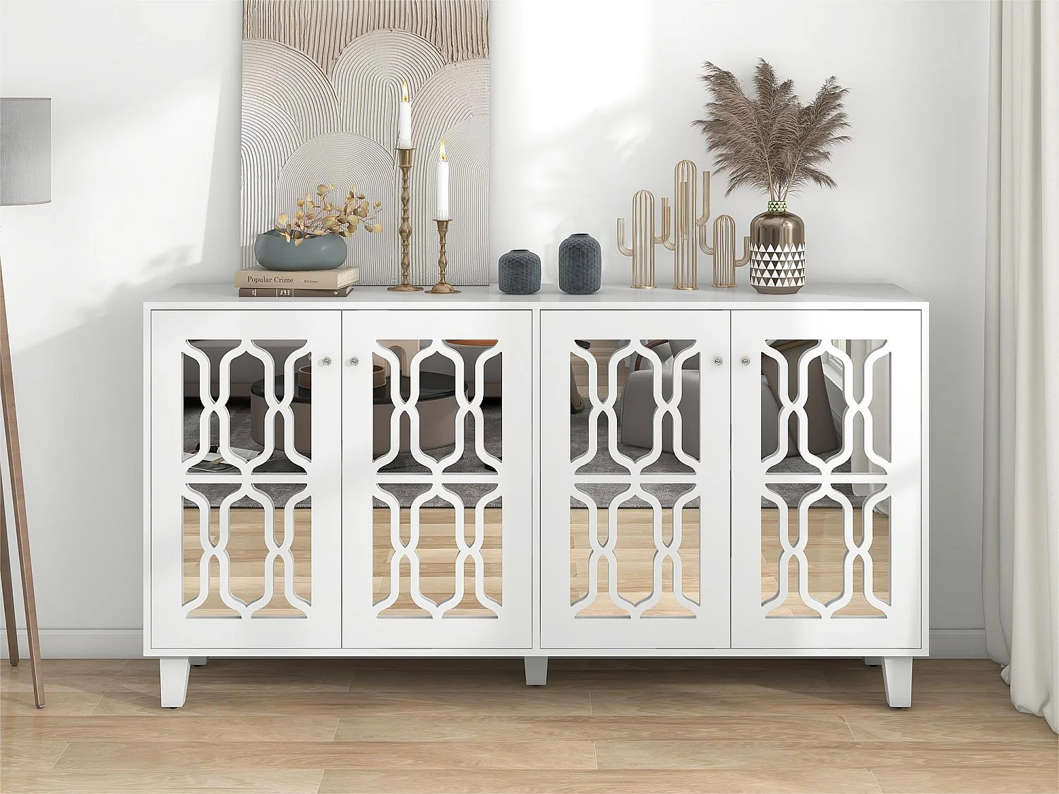 Buffet - 4 portes et étagères réglable - poignée en cristal - Blanc