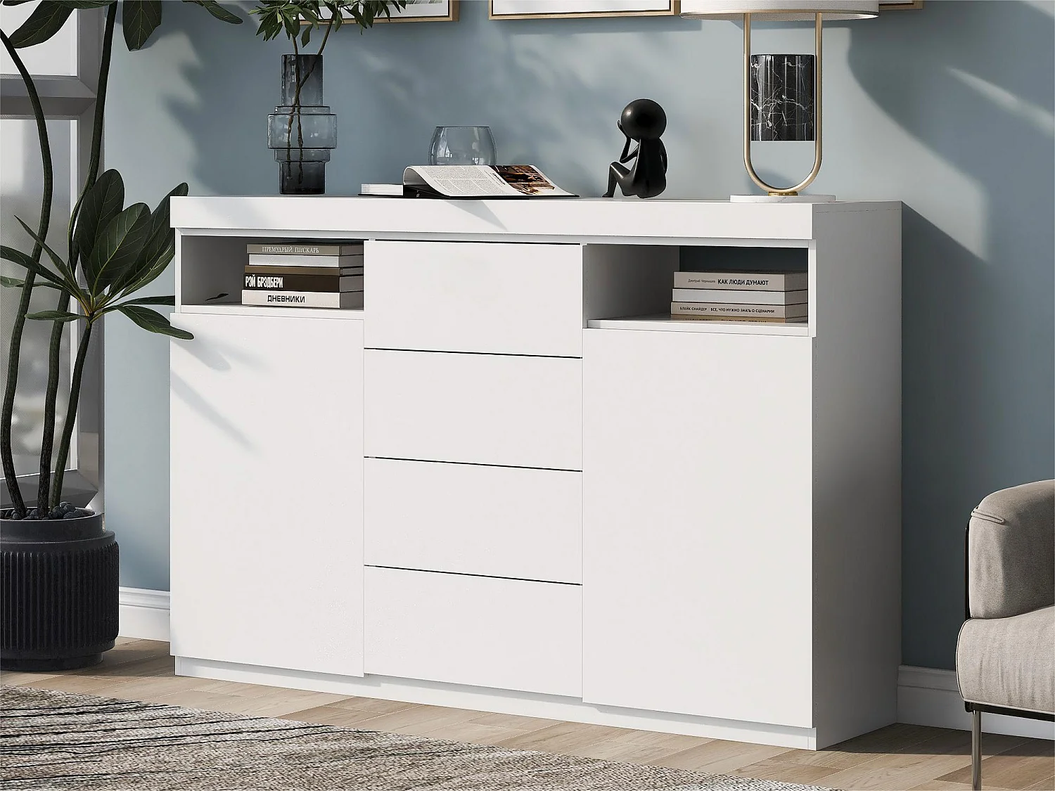 Buffet modrne avec LED - 4 tiroirs & 2 compartements ouvertes - blanc