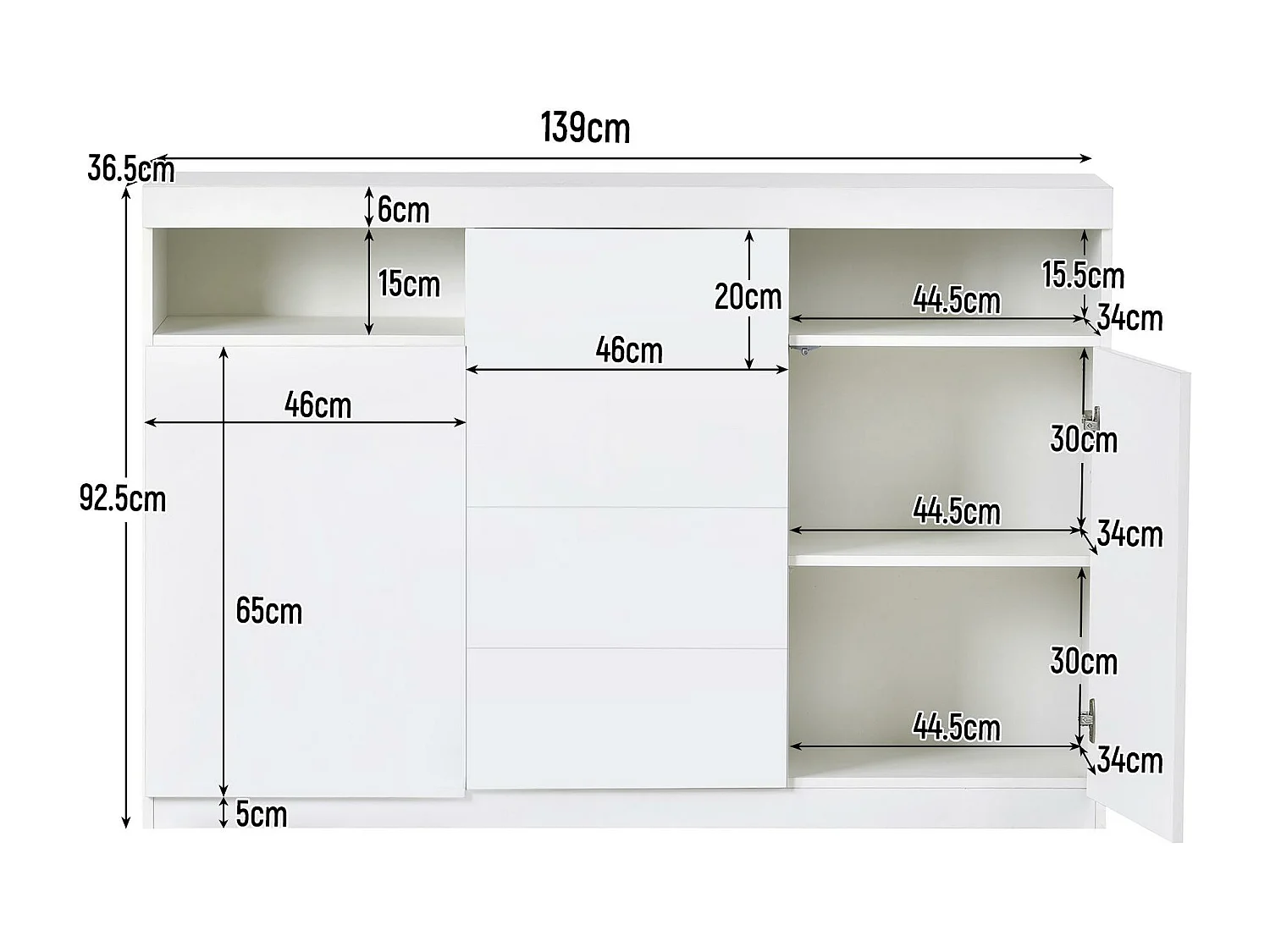 Buffet modrne avec LED - 4 tiroirs & 2 compartements ouvertes - blanc