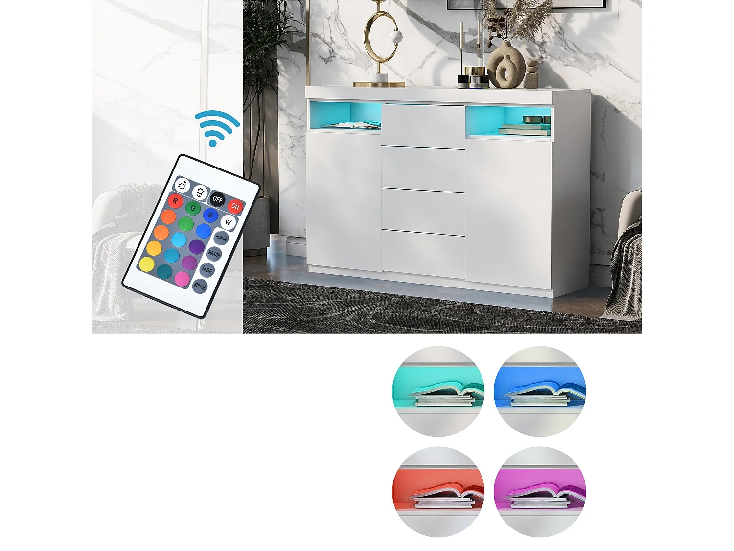 Buffet modrne avec LED - 4 tiroirs & 2 compartements ouvertes - blanc