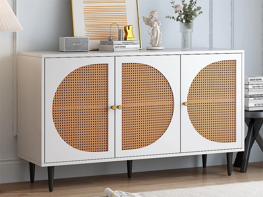 Aparador de ratán con tiradores de metal - 3 puertas - Blanco