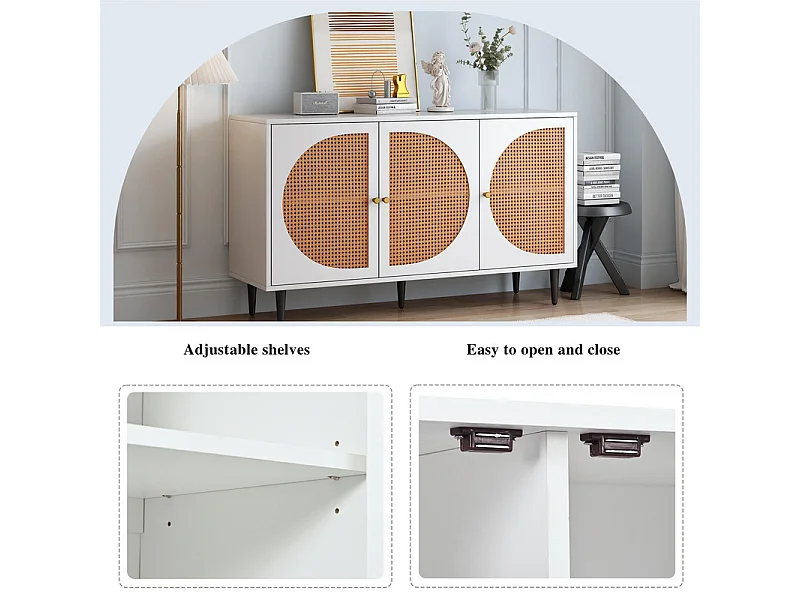 Aparador de ratán con tiradores de metal - 3 puertas - Blanco