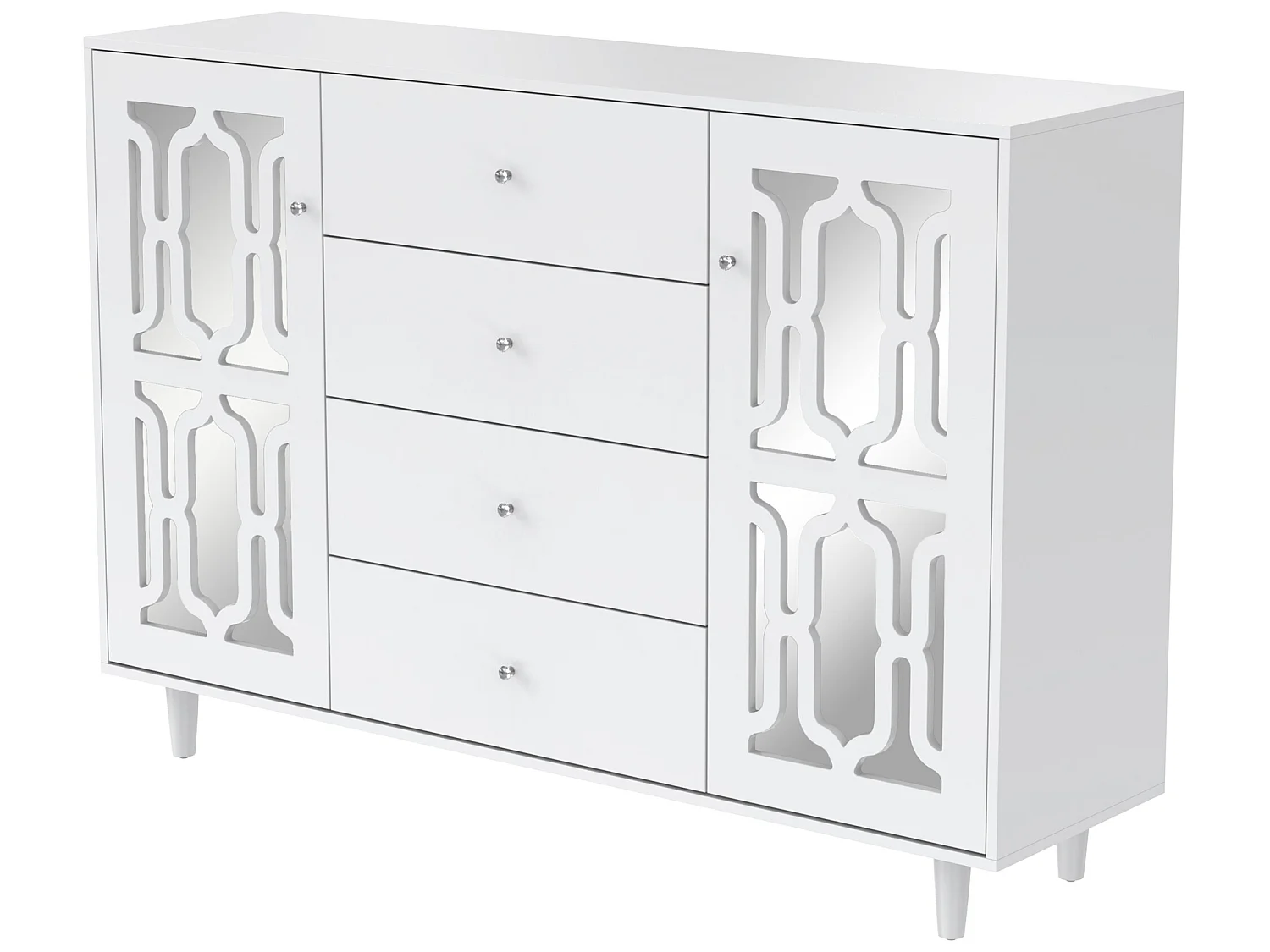 Buffet bas - 2 portes et 4 tiroirs - poignée en cristal - Blanc