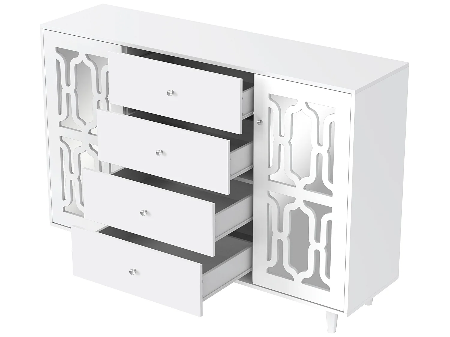 Buffet bas - 2 portes et 4 tiroirs - poignée en cristal - Blanc