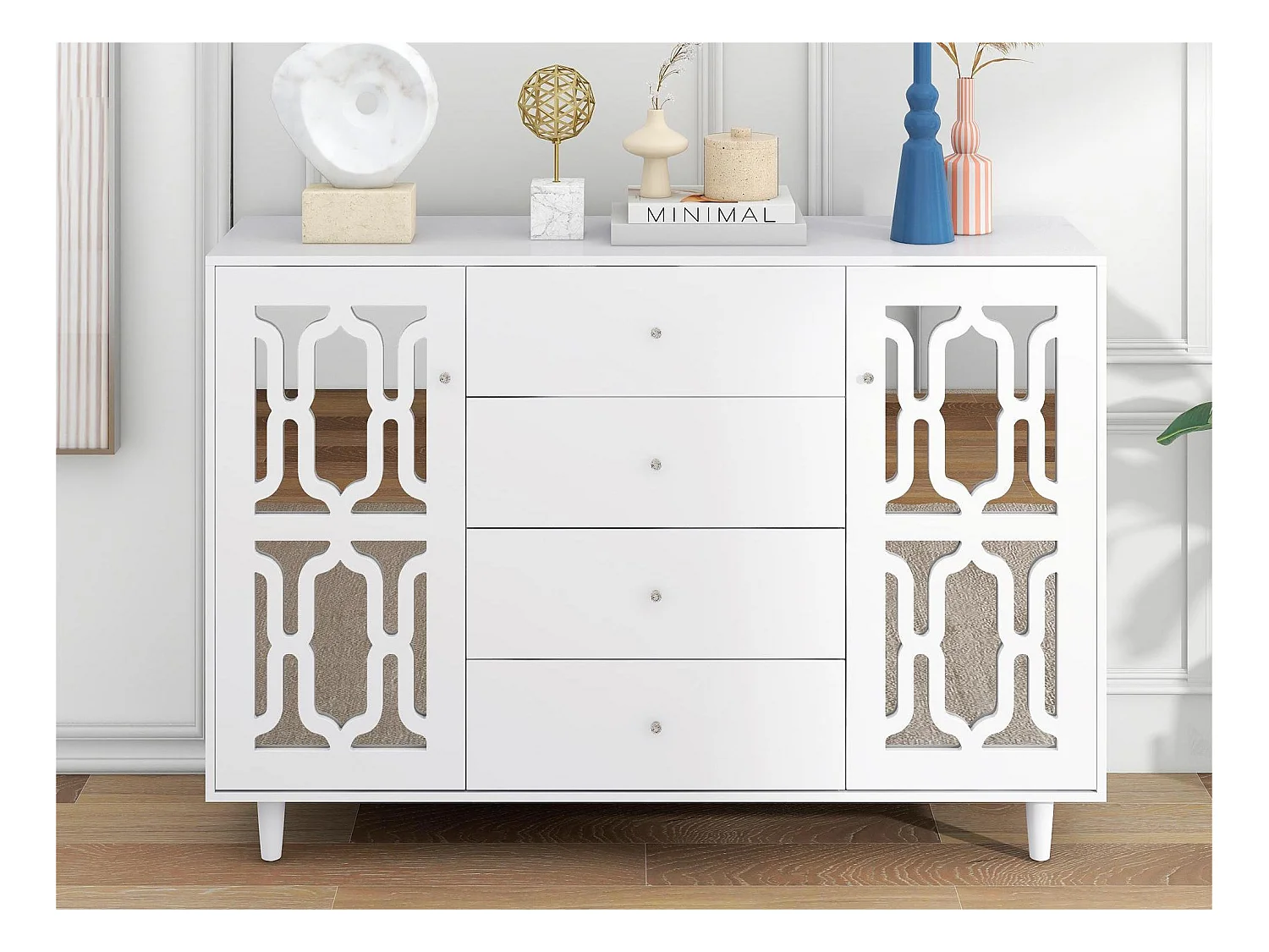 Laag dressoir - 2 deuren en 4 laden - kristallen handgreep - Wit