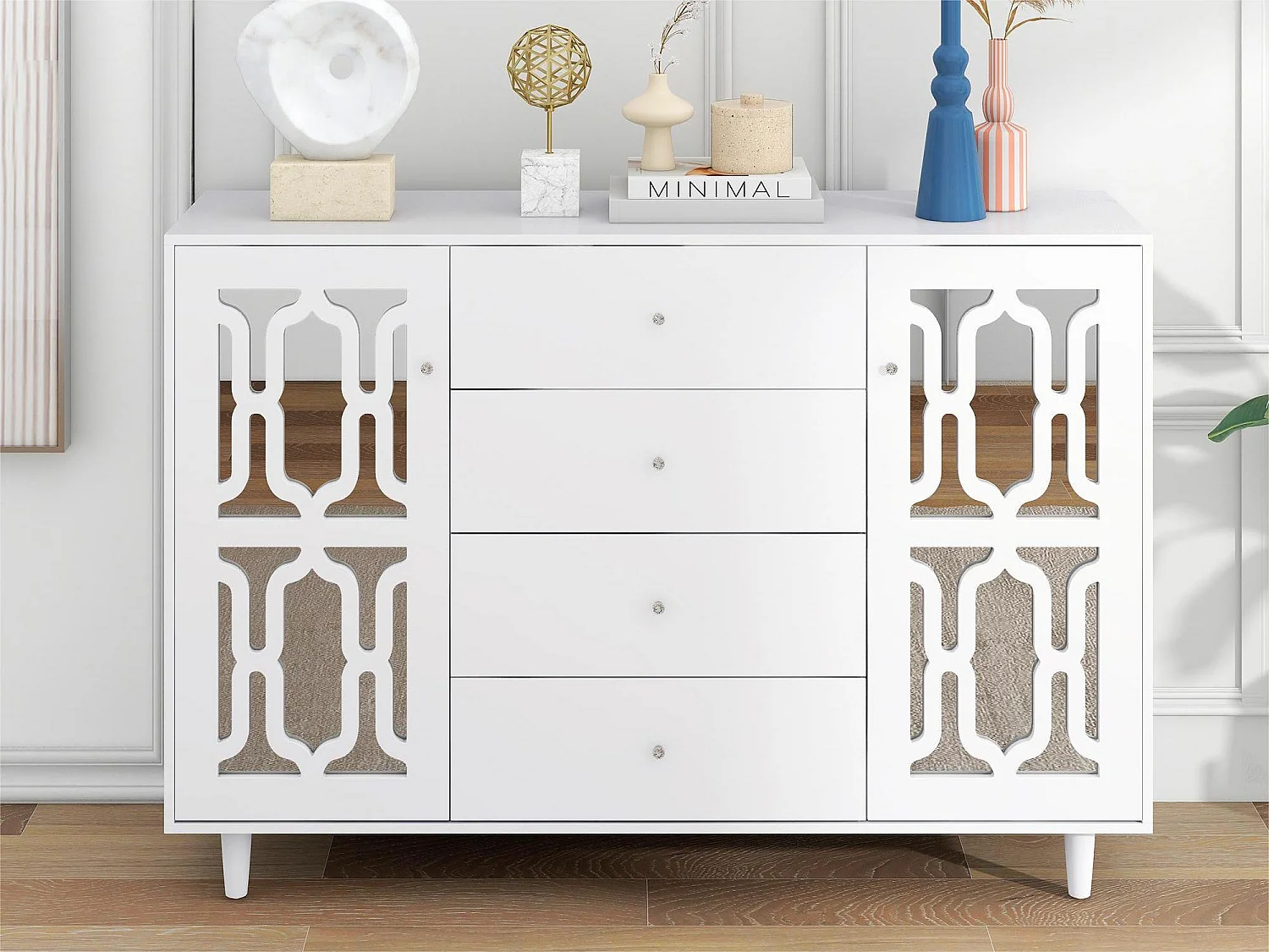 Laag dressoir - 2 deuren en 4 laden - kristallen handgreep - Wit