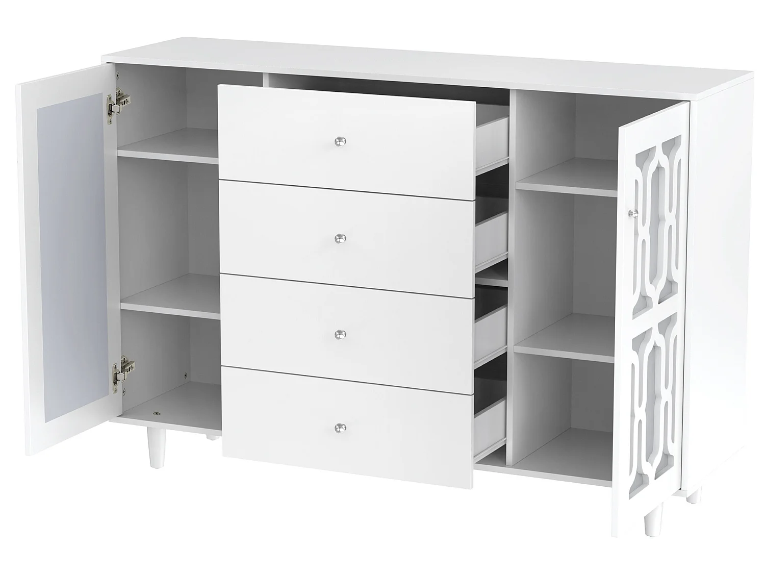 Laag dressoir - 2 deuren en 4 laden - kristallen handgreep - Wit