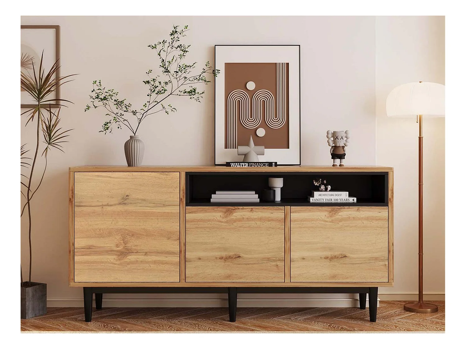 Buffet bas - 3 portes et 2 compartiments - naturel