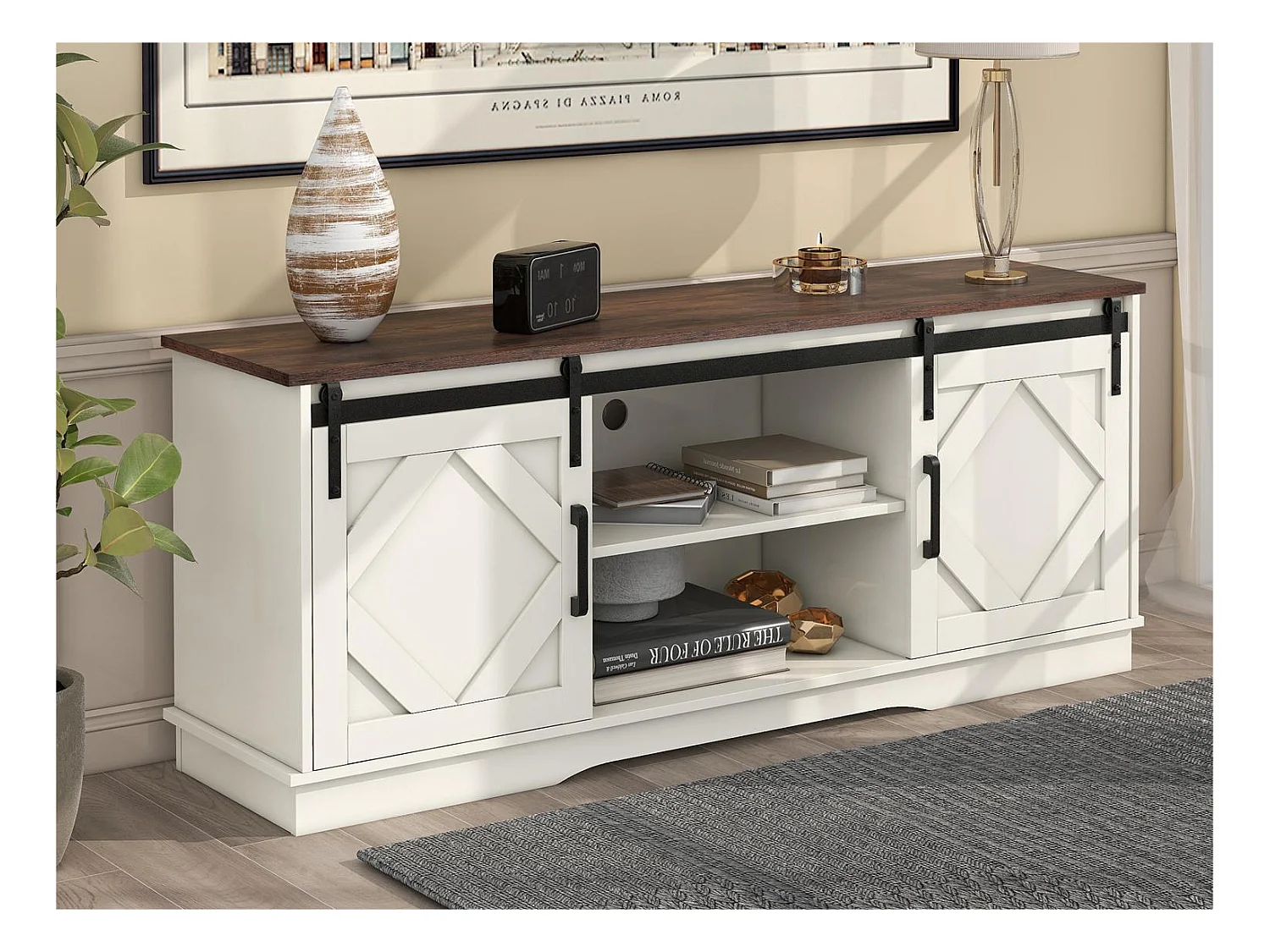 Buffet avec 2 portes coulissantes + compartiments - étagères internes réglables - Blanc