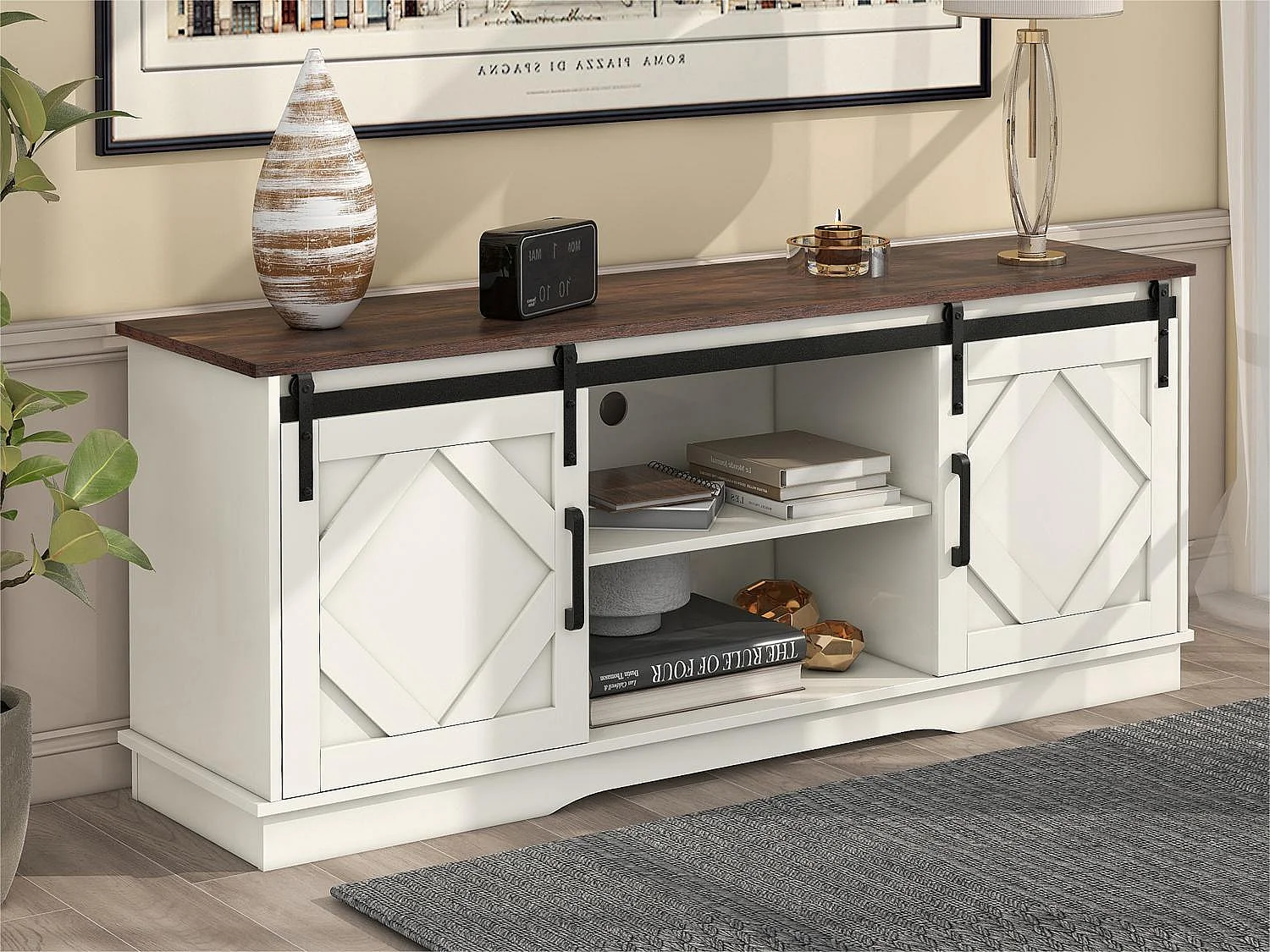 Buffet avec 2 portes coulissantes + compartiments - étagères internes réglables - Blanc