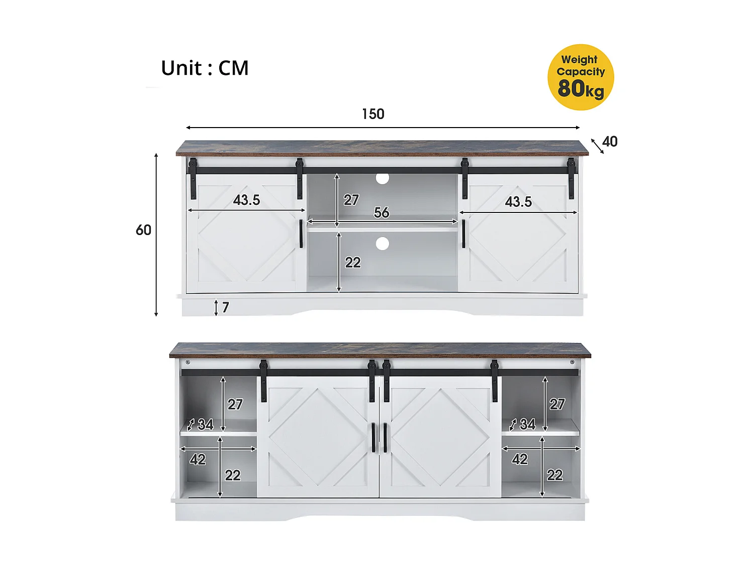 Buffet avec 2 portes coulissantes + compartiments - étagères internes réglables - Blanc