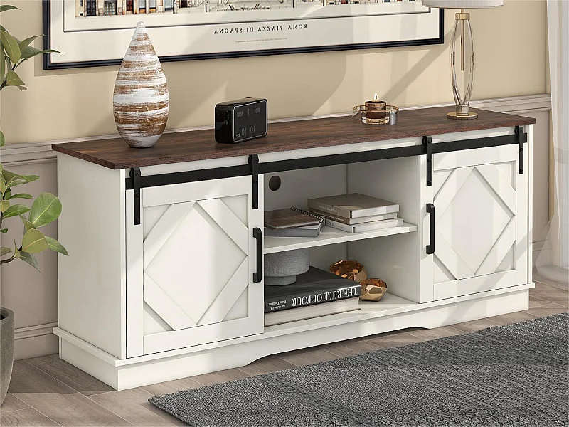 Sideboard mit 2 Schiebetüren + Fächern – verstellbare Einlegeböden – Weiß