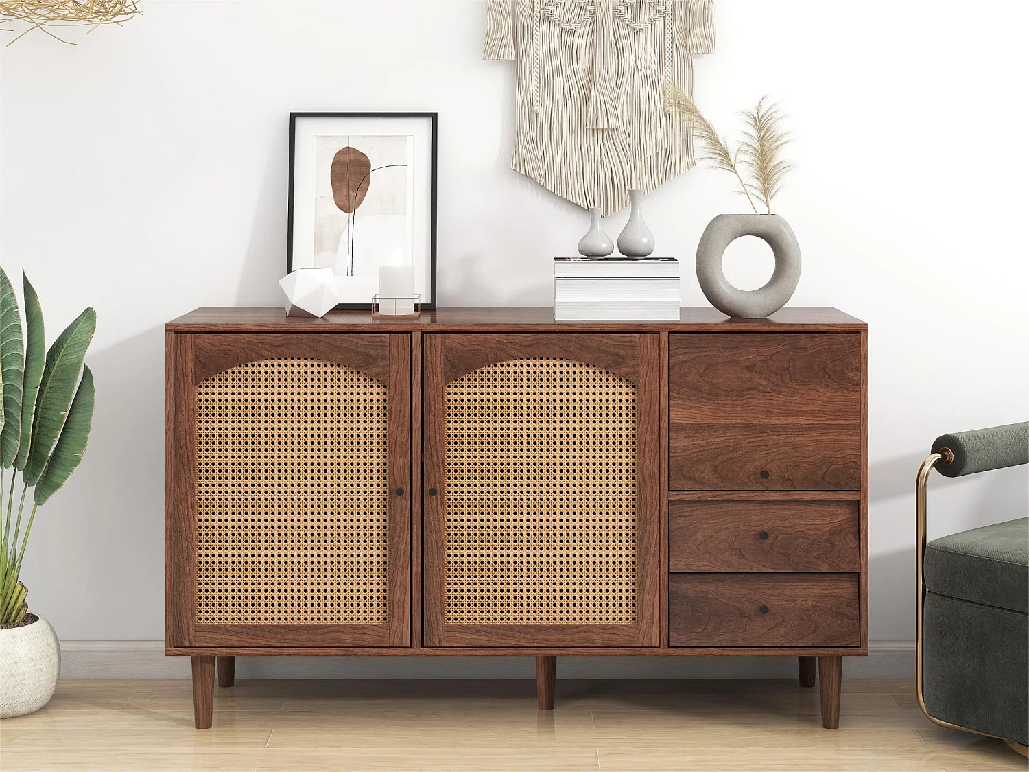 Credenza con 3 ante e 2 cassetti - ante in resina intrecciata - stile country - Marrone