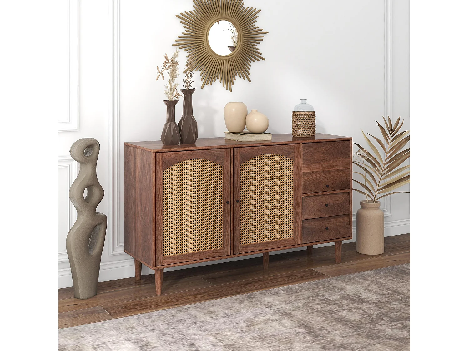 Sideboard mit 3 Türen und 2 Schubladen – Türen aus gewebtem Kunstharz – Landhausstil – Braun