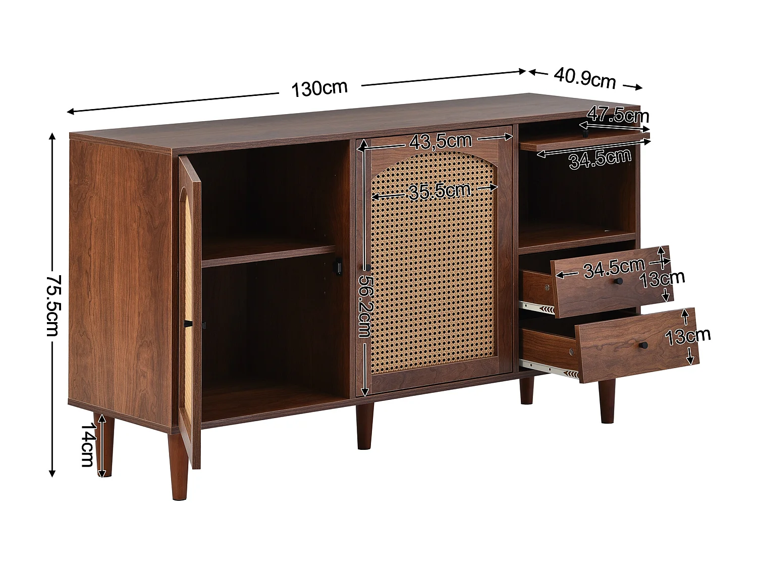 Sideboard mit 3 Türen und 2 Schubladen – Türen aus gewebtem Kunstharz – Landhausstil – Braun