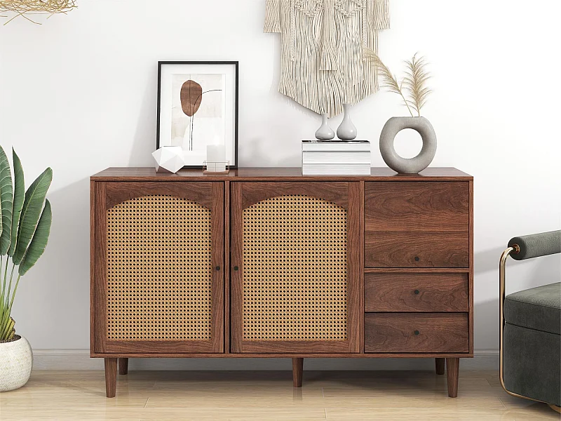 Buffet avec 3 portes et 2 tiroirs - portes en résine tressée - style campagnard - Marron