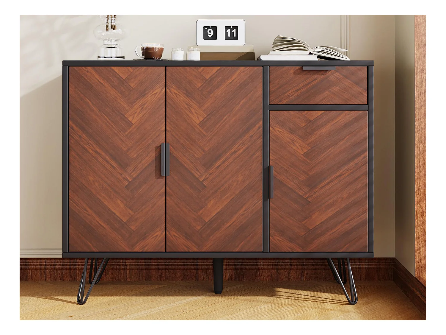 Niedriges Sideboard – 3 Türen und 1 Schublade – MDF – Braun