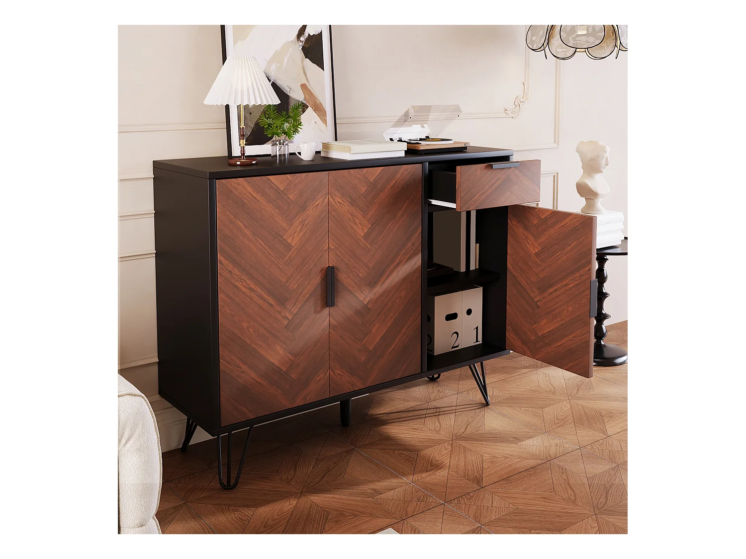 Niedriges Sideboard – 3 Türen und 1 Schublade – MDF – Braun