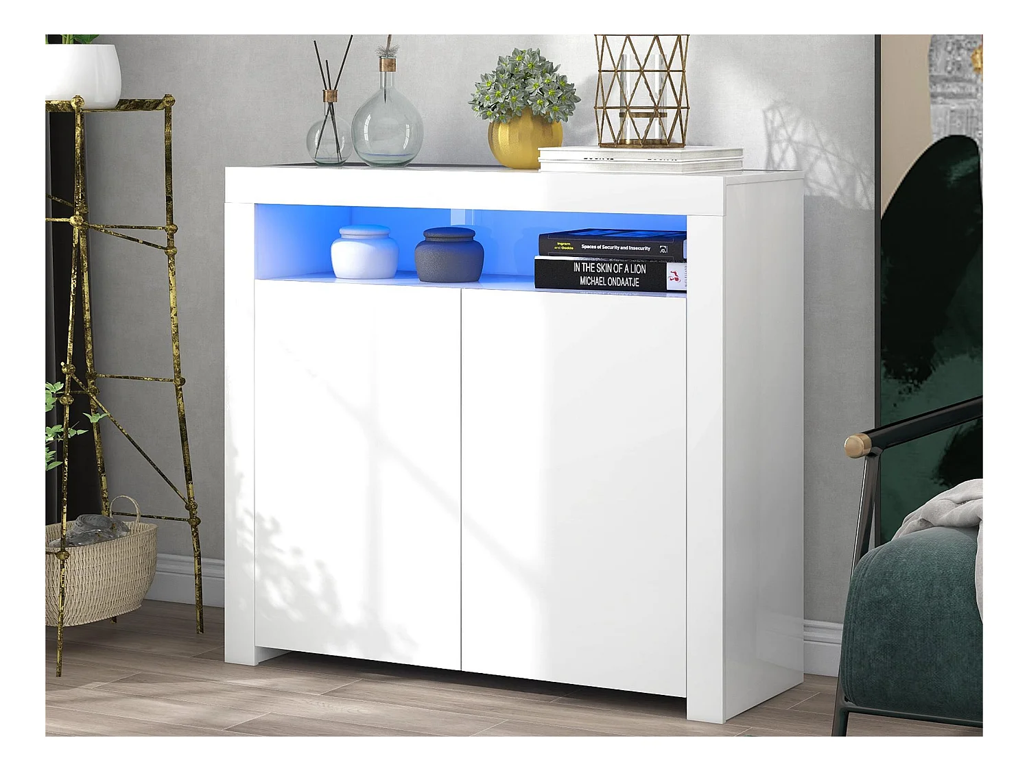 Buffet de rangement avec lumière LED et 2 portes pour salon et salle à manger - blanc