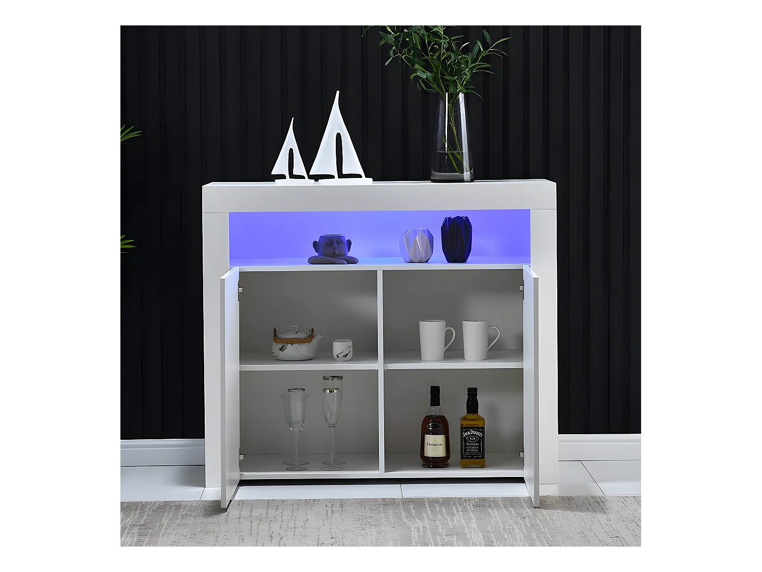 Buffet de rangement avec lumière LED et 2 portes pour salon et salle à manger - blanc