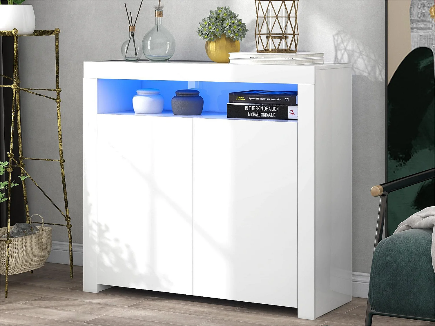 Buffet de rangement avec lumière LED et 2 portes pour salon et salle à manger - blanc