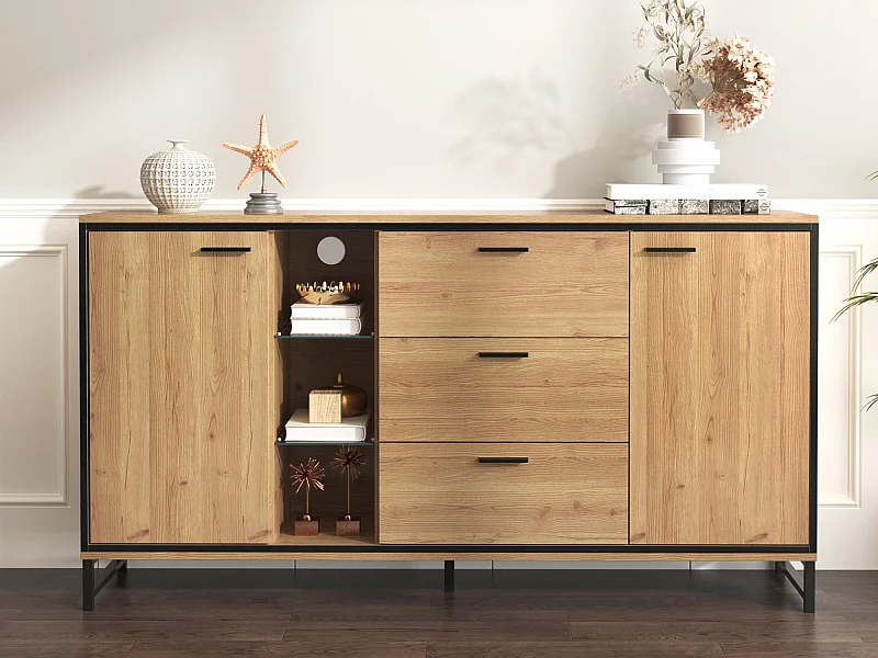 Credenza bassa con LED - 3 cassetti e 2 ante e 3 ripiani - Naturale