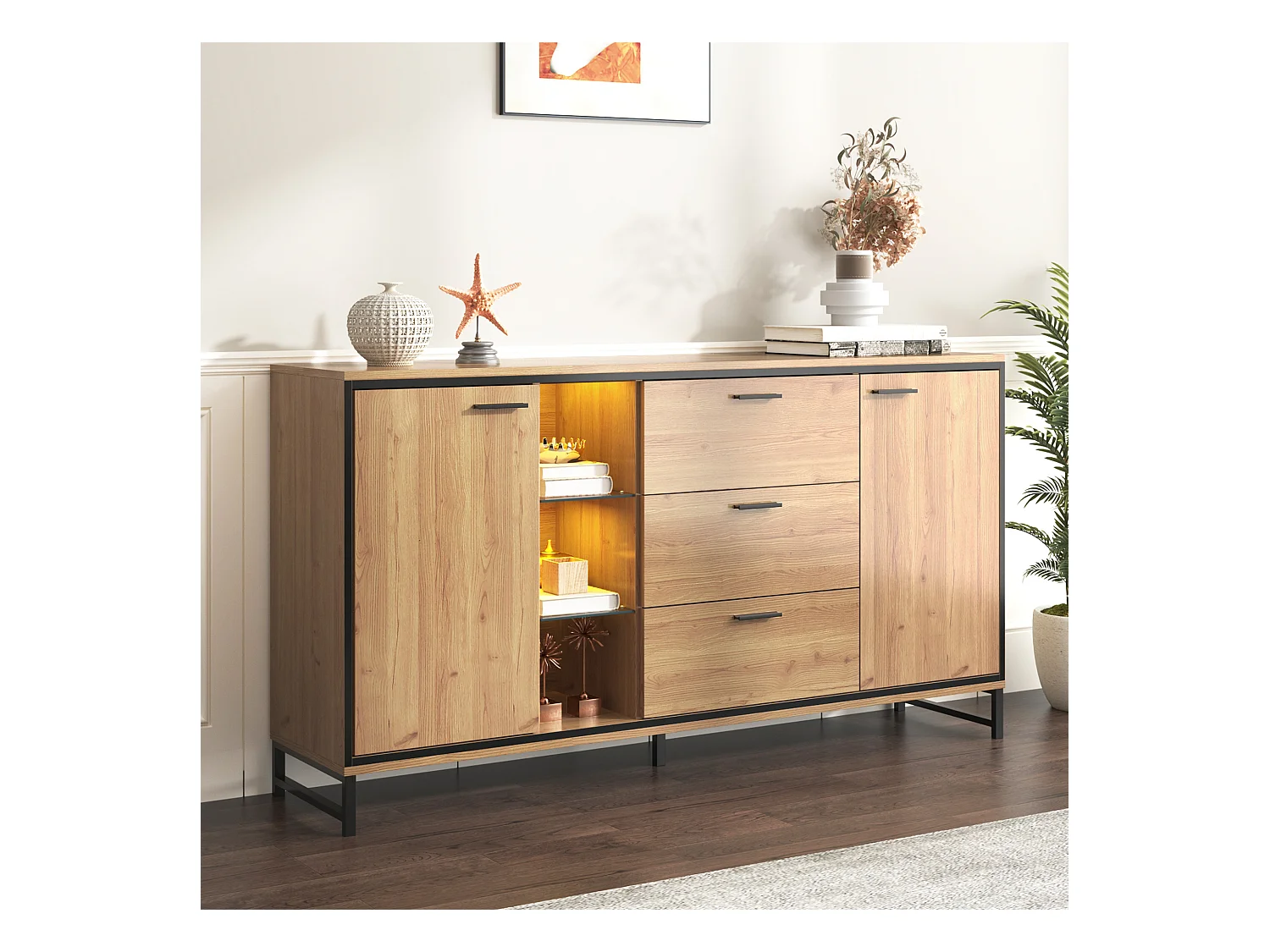 Credenza bassa con LED - 3 cassetti e 2 ante e 3 ripiani - Naturale