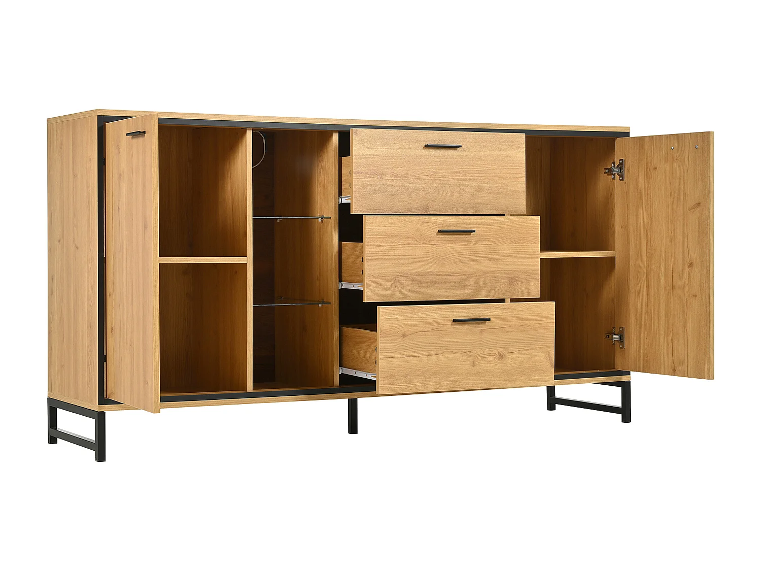 Credenza bassa con LED - 3 cassetti e 2 ante e 3 ripiani - Naturale