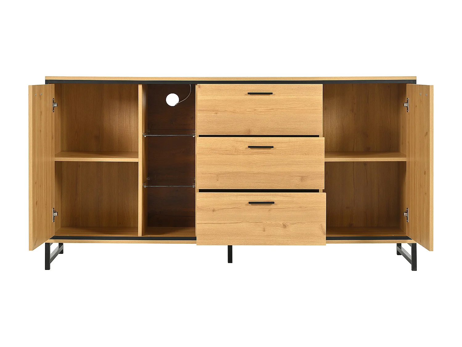 Credenza bassa con LED - 3 cassetti e 2 ante e 3 ripiani - Naturale